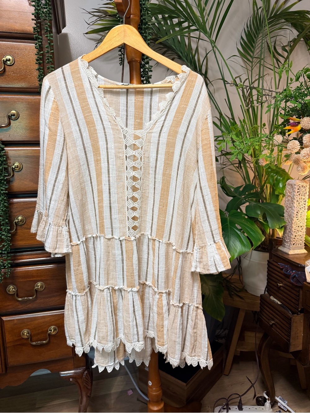 Blue Island 100% Cotton Striped Tiered Tunic Dress Swim Cover Up- M